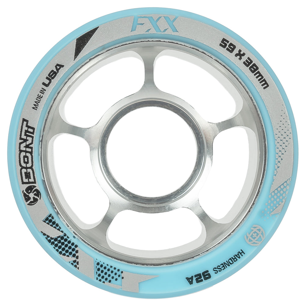 Bont-FXX-Derby-59mm-92a-Roller-Skate-Wheel-Blue-Urethane-Silver-Hub-Front-View