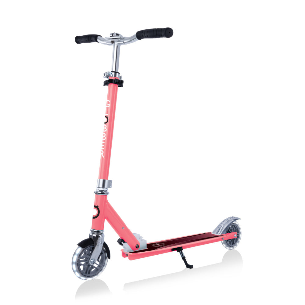 Globber-Flow-Element-Scooter-Showing-Kickstand-Down-Coral