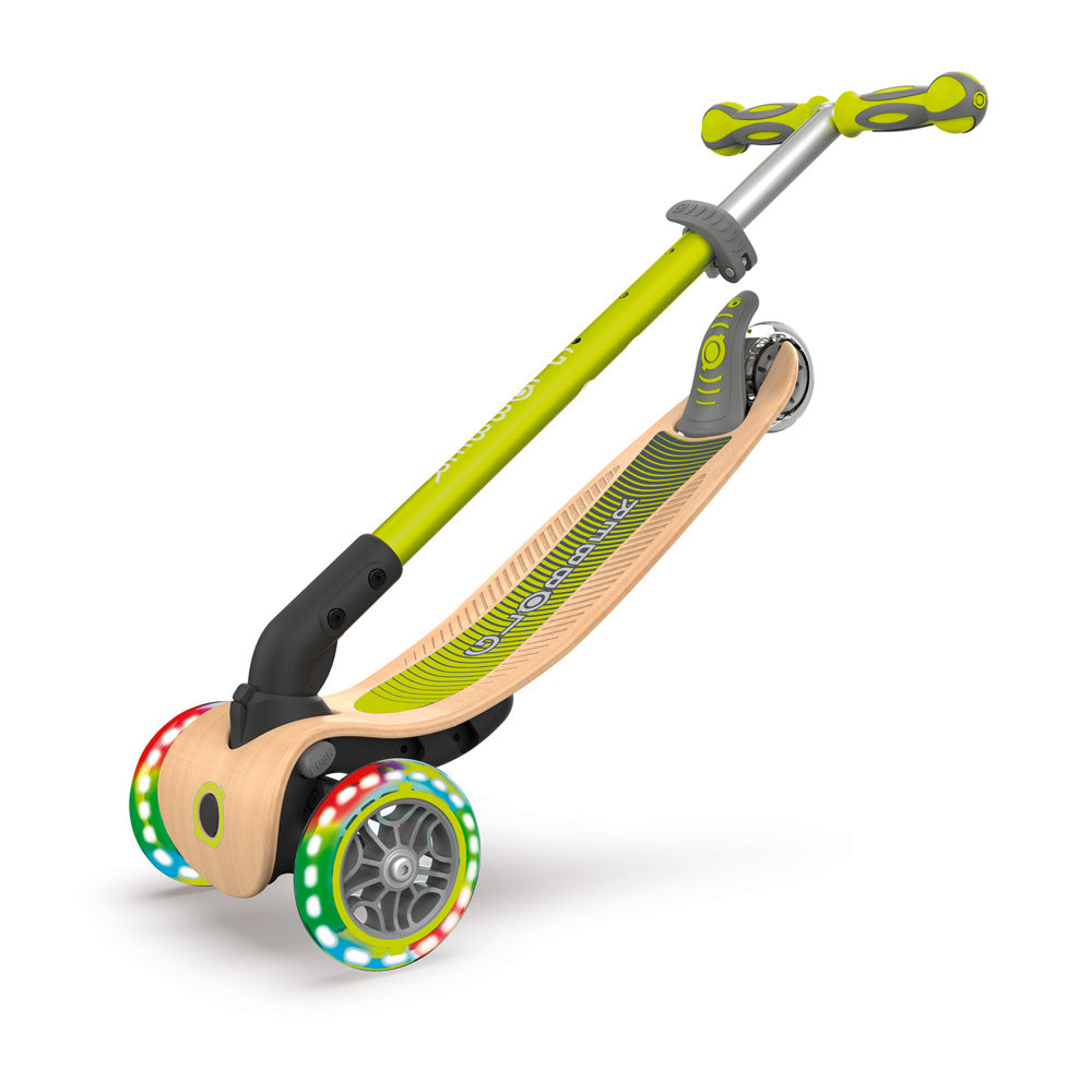 Globber-Primo-Foldable-Wood-Light-Up-Scooter-Green-Folded