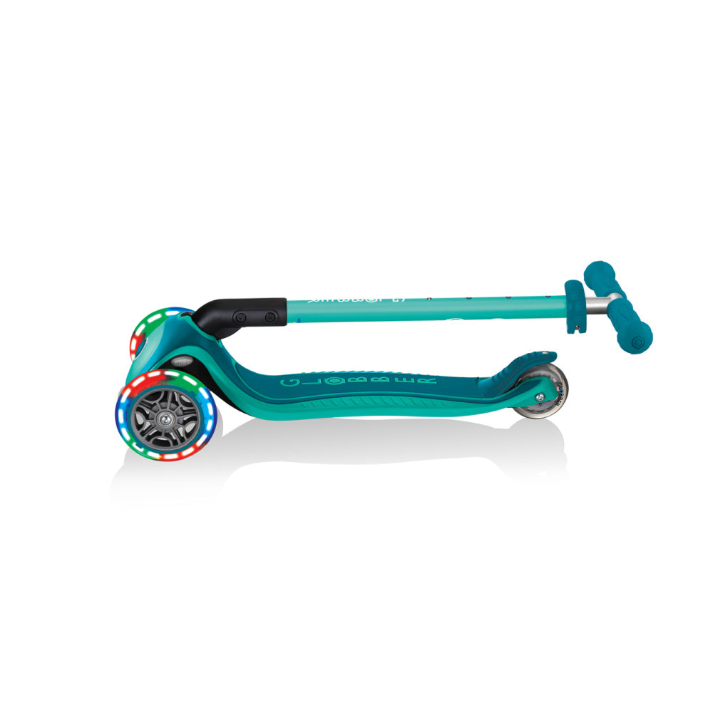 Globber-Primo-Lights-Foldable-Three-Wheel-Scooter-Green-Folded