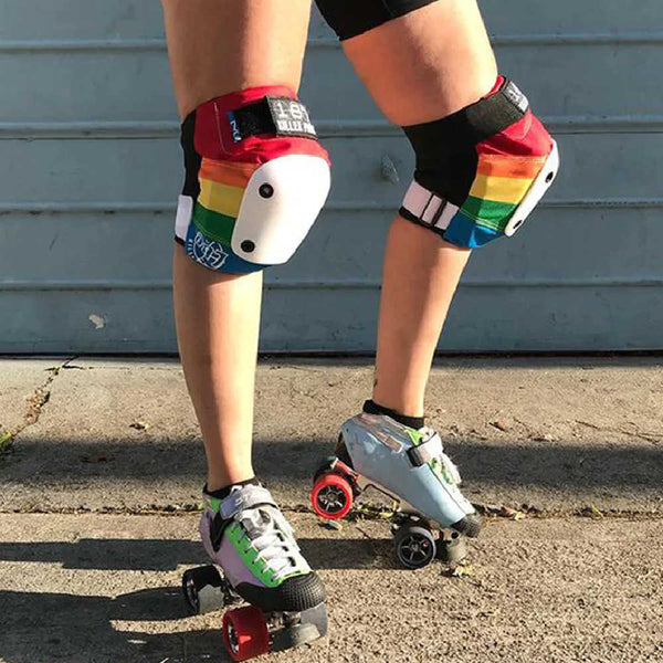 187-Killer-Pads-Slim-Knee-Pad-Guard-Rainbow-In-Use-By-Roller-Derby-Player