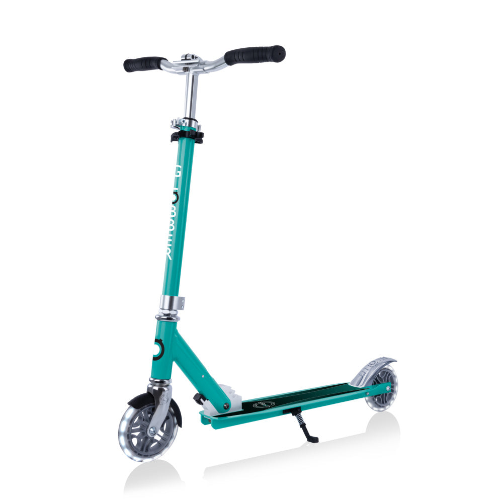 Globber-Flow-Element-Scooter-Showing-Kickstand-Down-Jade