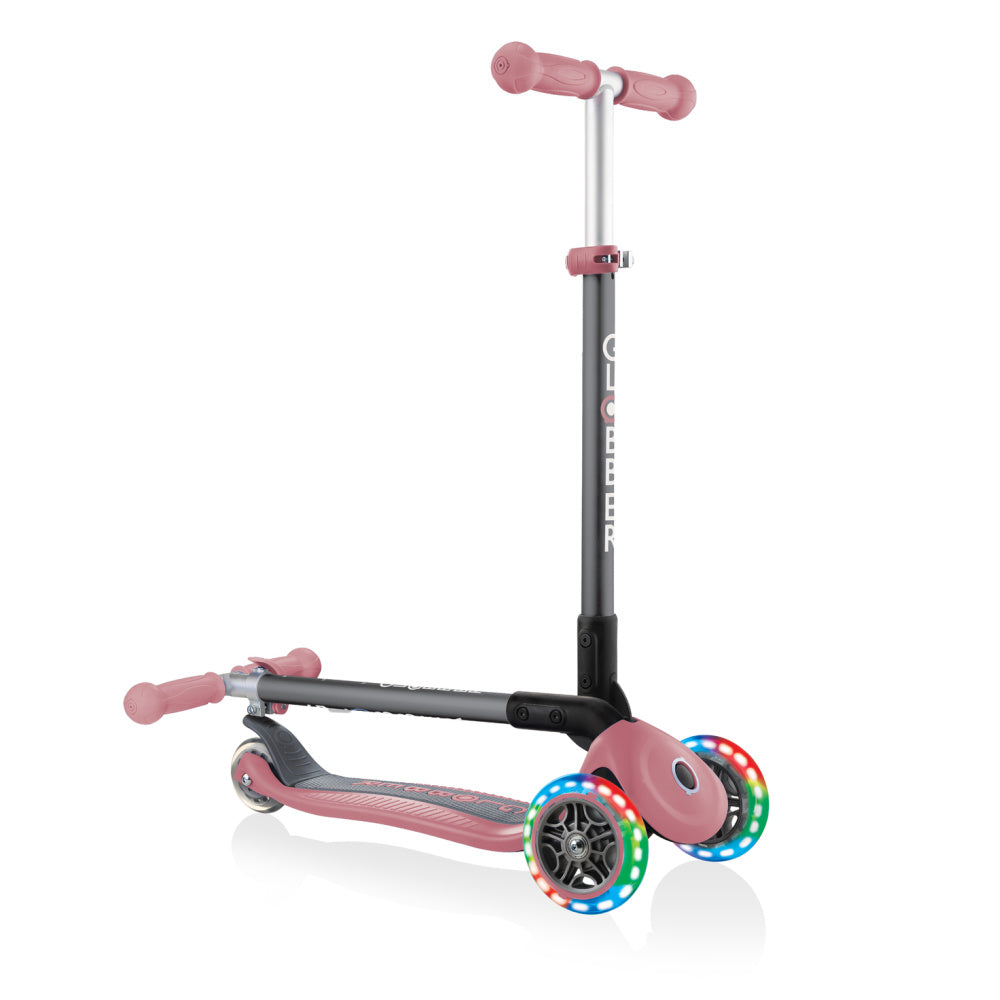 Globber-Primo-Foldable-Lights-Anodised-Bar-Scooter-Pastel-Pink-Folded
