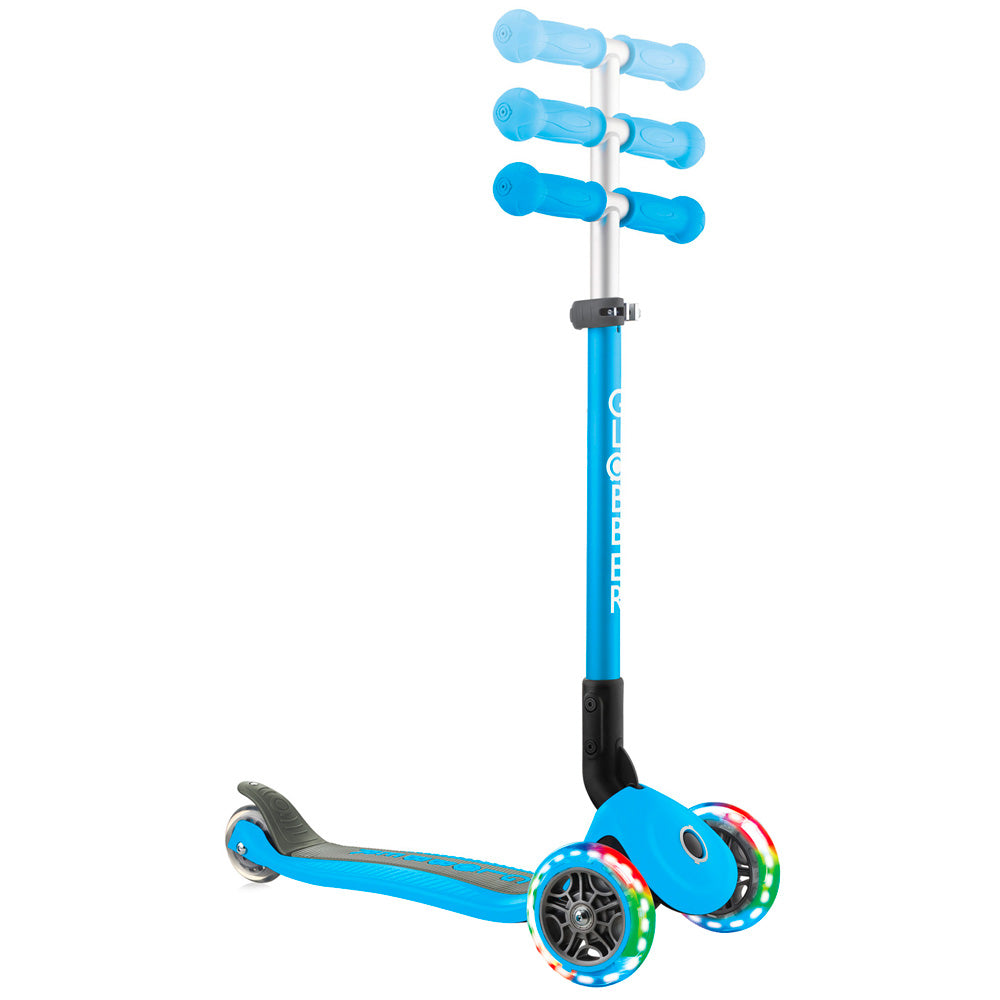 Globber-Primo-Foldable-Lights-Anodised-Bar-Scooter-Sky-Blue-Adjsut