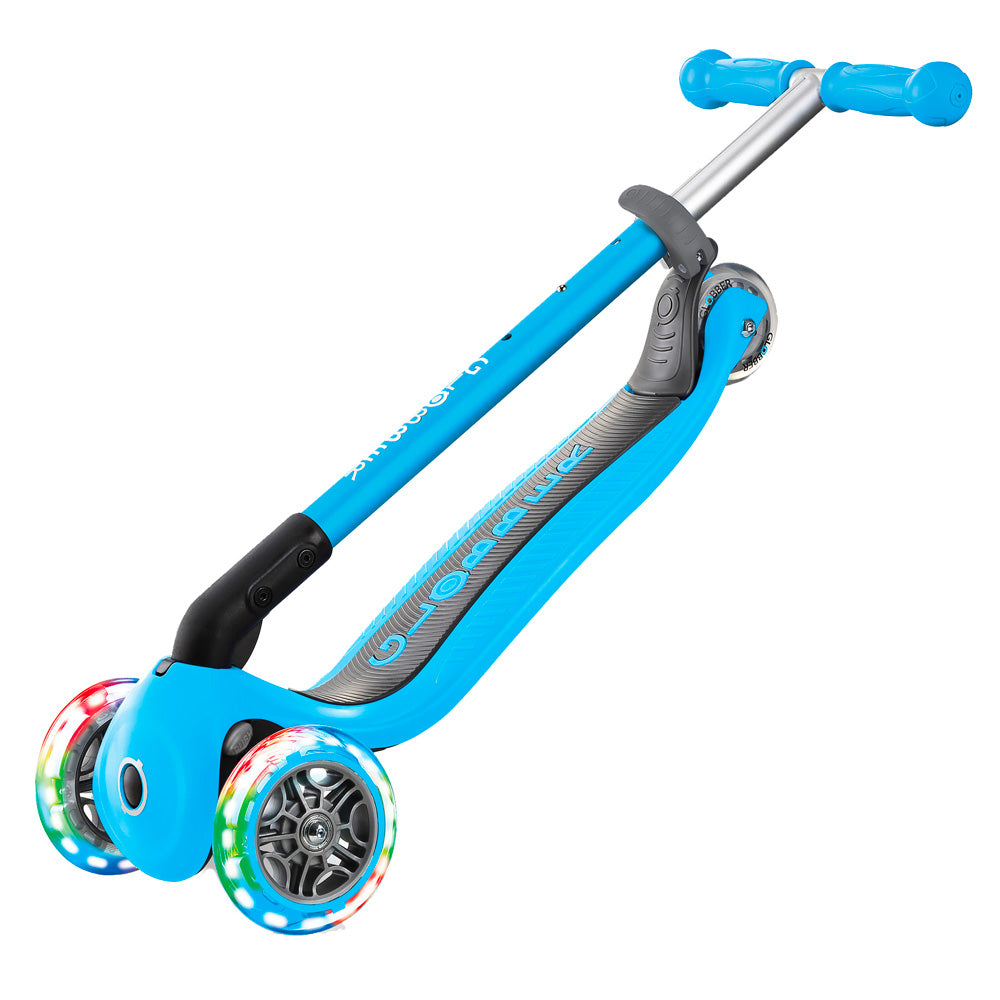 Globber-Primo-Foldable-Lights-Anodised-Bar-Scooter-Sky-Blue-Folded