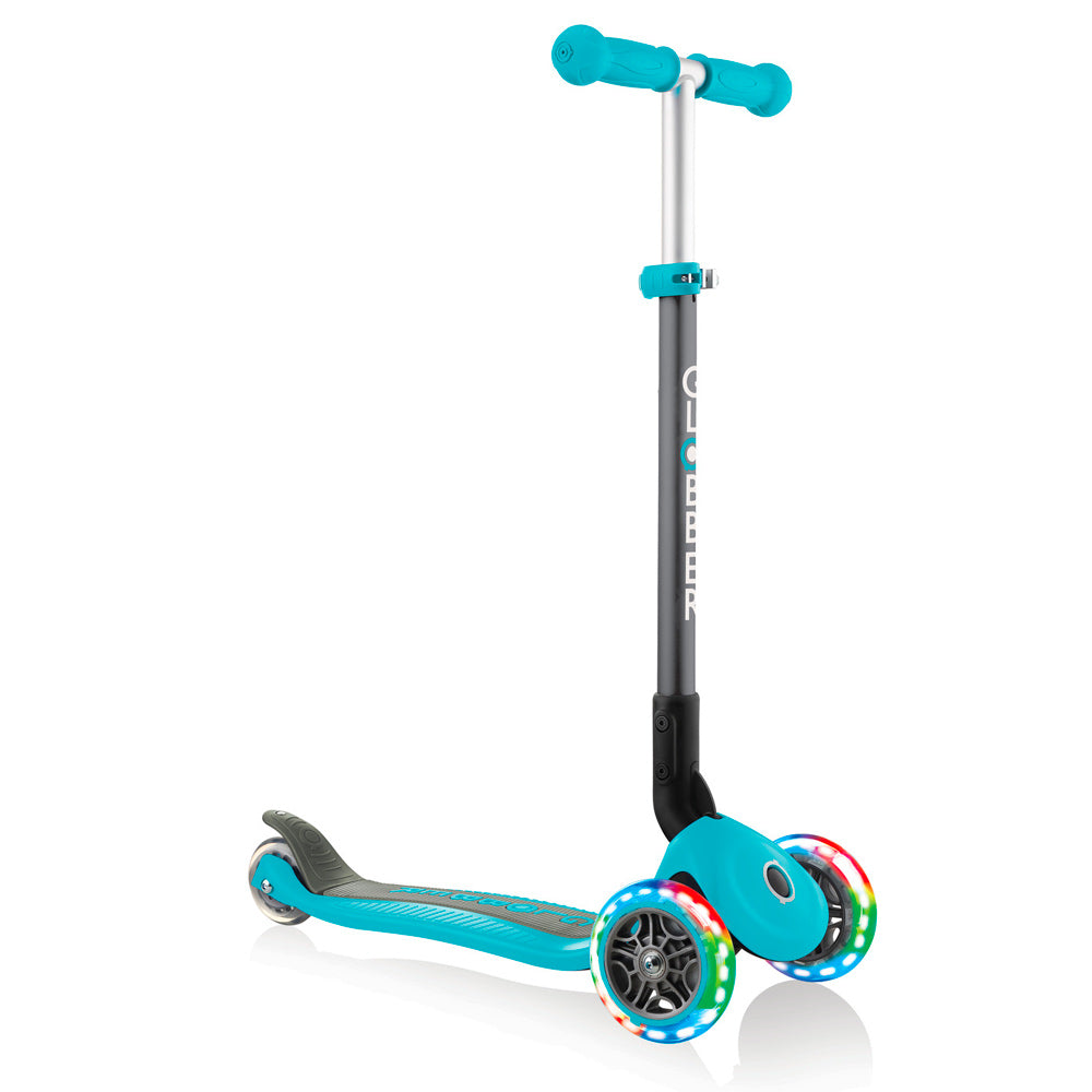 Globber-Primo-Lights-Foldable-Three-Wheel-Scooter-Teal
