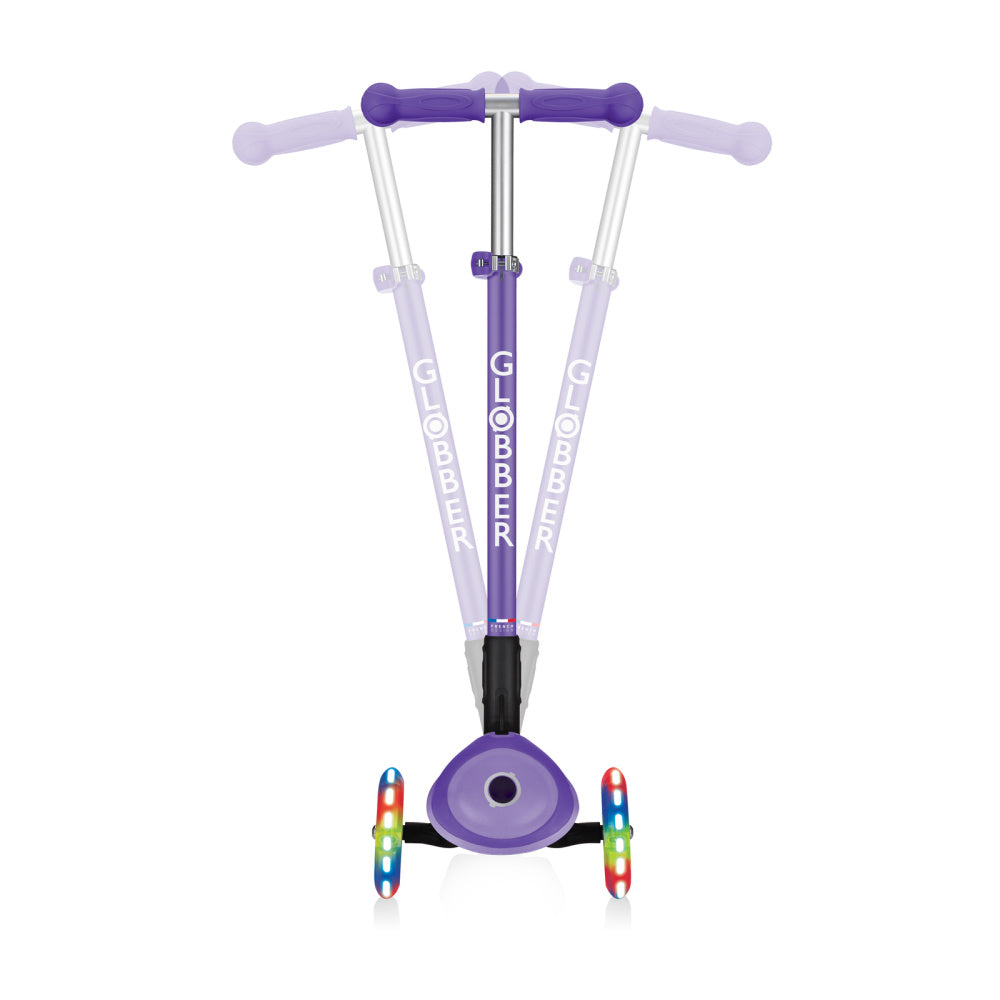Globber-Primo-Lights-Foldable-Three-Wheel-Scooter-Purple-Side-Adjust