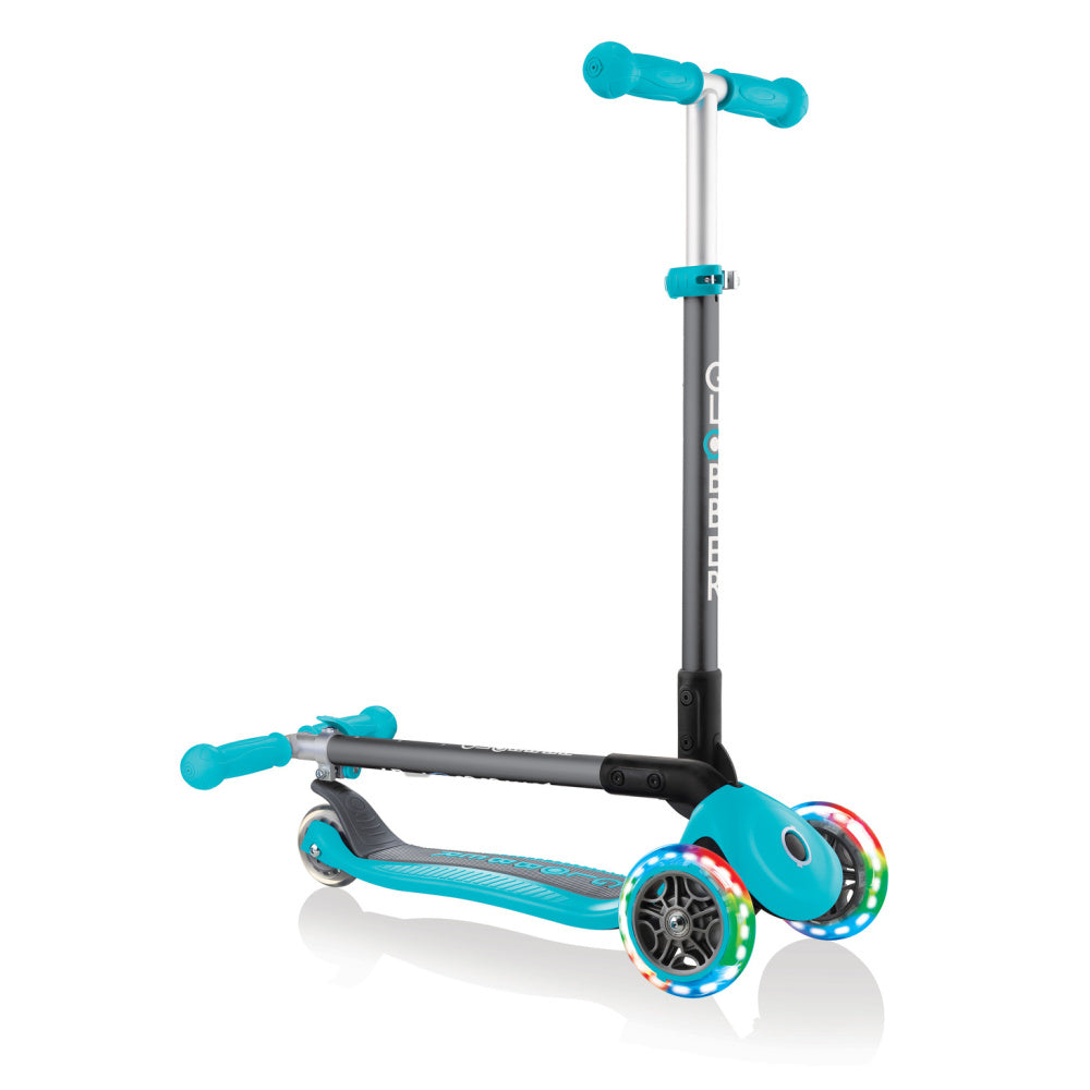 Globber-Primo-Lights-Foldable-Three-Wheel-Scooter-Teal-Folded
