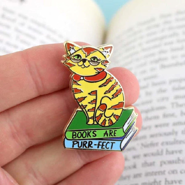 JUBLY-UMPH-Books-Are-Purrfect-Lapel-Pin-On-Fingers