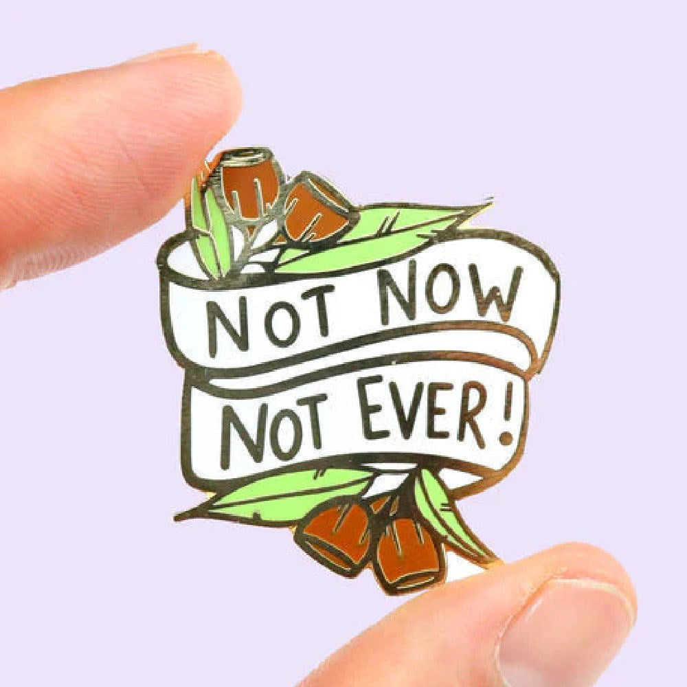 JUBLY-UMPH-Not-Now-Not-Ever-Lapel-Pin-Between-Fingers