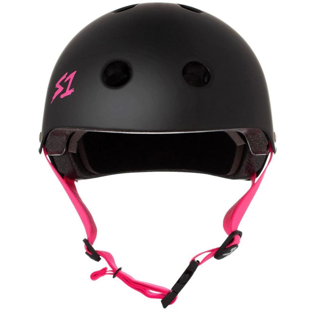 S-One-Mini-Lifer-Helmet-Matte-Black-Pink-Strap-Front-View