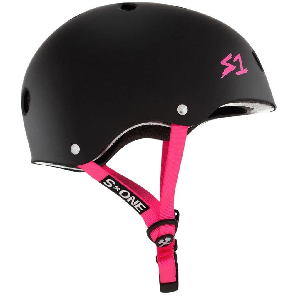 S-One-Mini-Lifer-Helmet-Matte-Black-Pink-Strap-Side-View