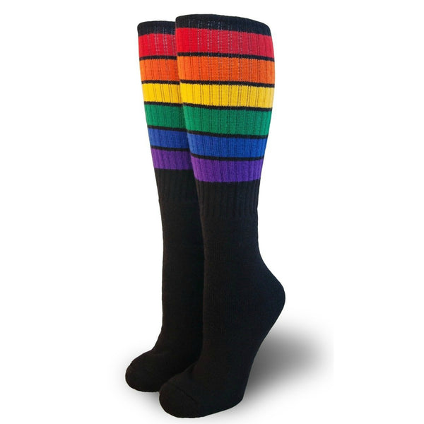 Pride Glow Knee High 22" tube socks, black with rainbow